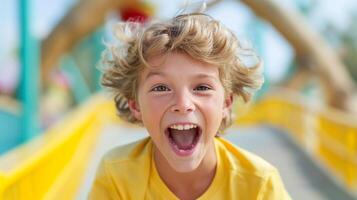 Excited Boy Enjoying Amusement Park Ride with Bright Smiles and Joyful Expression on a Sunny Day in Colorful Outdoor Setting photo