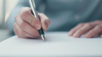 Detailed Close-Up of a Person's Hands Holding a Pen Writing on White Paper Reflecting Focus Precision in Writing or Note-Taking Showcasing Handwriting Education Business Creativity Personal Expression photo