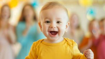 Joyful Baby Taking First Steps Surrounded By Family, Smiling Infant, Excited Parents, Warm and Wholesome Family Moment, Colorful Background, Parenting Milestone, Celebrating First Steps, Happy Baby photo