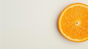 Single Fresh Orange Slice with Juice Droplets on Clean White Background Featuring Vibrant Citrus Colors and Detailed Texture Perfect for Healthy Lifestyle Cooking and Refreshing Summer Themes photo