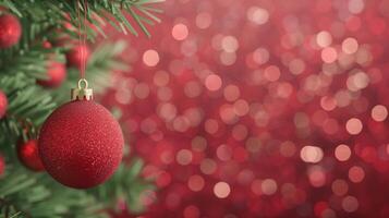 Red Christmas Ornament on Pine Tree with Bokeh Background, Festive Holiday Decoration for Seasonal Activities and Celebration Designs photo