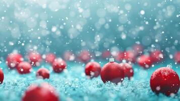 Red Christmas Ornaments Scattered on Snowy Ground with Bokeh Effect Background in Winter Holiday Theme photo