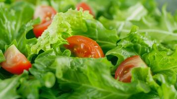 Fresh Green Salad with Romaine Lettuce and Cherry Tomatoes, Healthy and Nutritious Meal Option, Close-Up View Ideal for Healthy Lifestyle, Dieting, and Vegetarian Cuisine Concepts photo