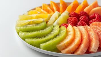 Overhead View of Fresh Fruit Slices in a Circular Arrangement Including Kiwi, Grapefruit, Raspberry, Lemon, and Orange on a White Plate photo