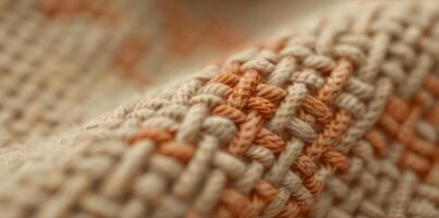 Close-Up of Woven Fabric with Beige and Orange Textures Photorealistic Pattern Ideal for Textile Design and Backgrounds photo