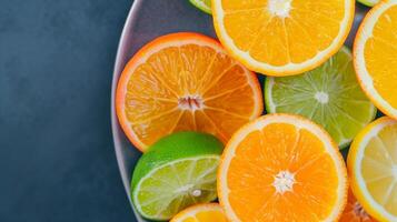 Overhead View of Vibrant Citrus Fruits Sliced and Arranged on a Dark Background, Perfect for Fresh and Colorful Food-Themed Designs, Including Oranges, Limes, Lemons, and More photo