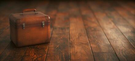 Vintage Brown Leather Suitcase on Rustic Wood Plank Floor with Warm Lighting in Nostalgic and Cozy Atmosphere, Travel Concept, Adventure, and Wanderlust-Themed Decor photo