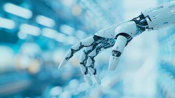 Futuristic Technology Illustration Of A Robotic Arm Assembling In A High-Tech Laboratory With Advanced Mechanical Parts And Blue Glowing Background photo