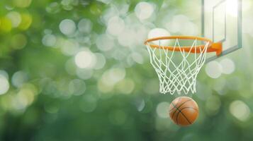 Basketball Hoop with Net in Focus and Blurred Green Nature Background, Capturing a Basketball Mid-Air Photorealistic Image photo