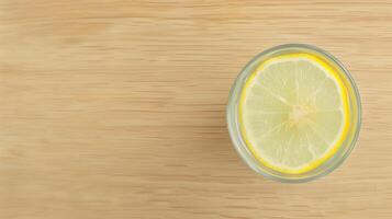 Fresh Lemonade in Glass with Lemon Slice on Wooden Surface, Overhead View, Refreshing Citrus Drink for Summer, Minimalist Design, Beverage Concept, Healthy Organic Drink, Natural Wooden Background photo