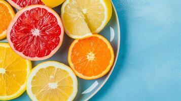 Overhead Shot of Various Colorful Citrus Fruits Sliced and Arranged on Blue Background Displaying Vibrant Halves photo