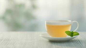 Cup of Green Tea with Fresh Mint Leaf on Saucer and Light Background for Relaxation and Refreshment Concepts in Minimalist Design and Natural Lifestyle Imagery photo
