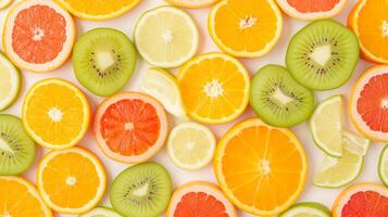 Vibrant Overhead Shot of Assorted Fresh Fruit Slices Including Oranges Kiwis Lemons and Grapefruits with Creative Pattern Design for Healthy Eating Backgrounds and Summer Refreshing Concepts photo
