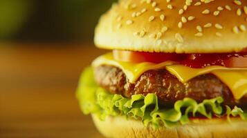 Delicious Cheeseburger with Fresh Lettuce, Tomato, and Melted Cheese on a Sesame Seed Bun - High-Resolution Close-Up of Juicy Beef Patty with Crisp Green Lettuce, Ripe Tomato and Yellow Cheddar Cheese photo