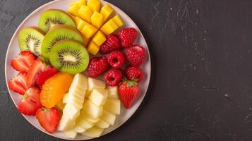 Overhead View of Fresh Fruit Slices Arranged in a Circle on a White Plate Against a Black Background Featuring Kiwi, Mango Pineapple Strawberries, Oranges and Raspberries, Healthy Eating Concepts photo