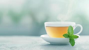 Photorealistic Image of a Steaming Cup of Herbal Tea with Fresh Mint Leaves on a Soft Pastel Background for a Calming and Refreshing Experience photo