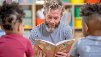 Teacher Reading Children's Book to Engaged Group of Diverse Kids in Classroom, Early Childhood Education, Learning and Development, Interactive Reading Session, Education Concepts and Activities photo