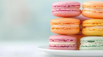 Colorful Stack of Assorted Macarons on White Plate Against Soft Pastel Background for Bakery, Dessert, and Confectionery Design Inspiration photo