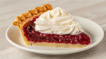 Slice Of Cherry Pie With Whipped Cream Topping On A White Plate, Rustic Wooden Table, Dessert Close-Up, Summer Sweet Treat, Bakery Goods, Homemade Pastry, Food Photography, Top Down View photo