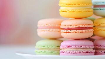 Colorful Macarons Stack on a Clean White Plate with Soft Focus Background Displaying Pastel Shades in a Close-Up View photo