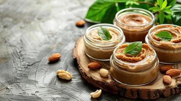 displayed jars of homemade almond and cashew butter on a wooden board with a spreader, set against a cozy kitchen backdrop. photo