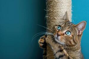 A tabby cat playing with a scratching post against a teal wall during daylight photo