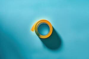 Yellow tape roll on a blue background with soft lighting photo