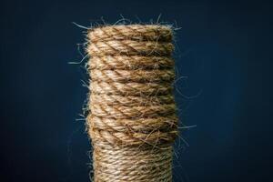 Coiled jute rope standing upright against a dark background photo