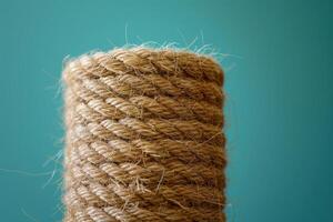 A close-up view of a coiled natural fiber rope against a teal background photo