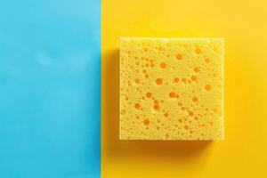 Bright yellow sponge on a vibrant blue and yellow surface photo