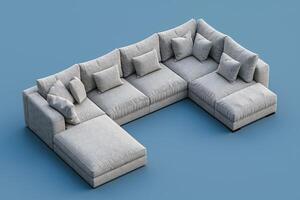 Cozy sectional sofa in light gray with soft cushions on a blue background photo