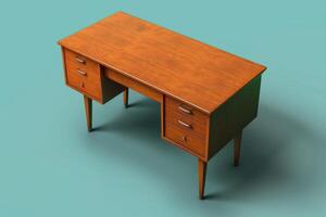 Vintage wooden desk with drawers on a teal background photo