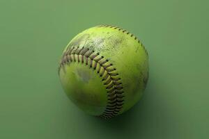 Worn green softball resting on a green surface in natural lighting photo