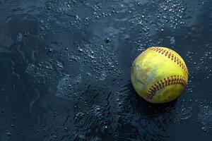 Yellow softball resting on a wet surface with water droplets photo
