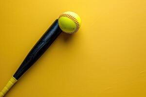 Yellow softball and bat on a bright yellow background photo