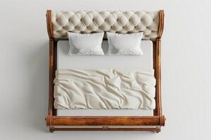 Stylish bed with tufted upholstery and soft bedding in modern interior design photo
