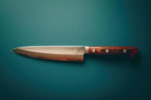 Sharpened kitchen knife resting on a teal countertop photo
