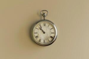 Vintage wall clock with Roman numerals hanging on a beige wall in natural lighting photo