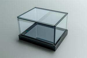 Modern display case with glass top and black base for showcasing objects photo