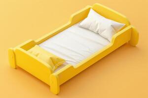 Bright yellow children's bed with white bedding and pillows on a vibrant orange background photo