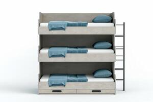 Three-tier bunk bed with storage drawers and blue bedding in a modern design photo