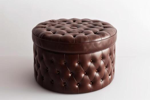 Brown tufted leather ottoman with a circular shape set against a plain white background photo