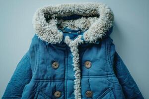 Cozy blue jacket with a fluffy collar on a light background photo