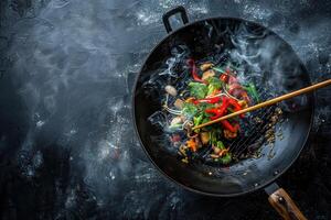 Stir-frying colorful vegetables in a black wok on a dark surface photo