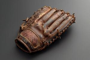 Vintage baseball glove resting on a dark surface with visible wear and character photo