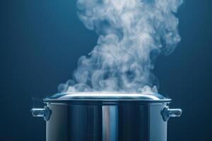 Steam rising from a metal pot on a blue background in a kitchen setting photo