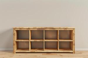 Wooden shelf with eight compartments against a light wall in a modern interior space photo