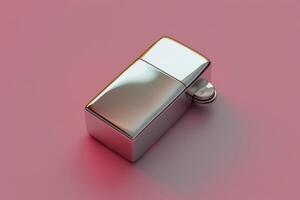 Metallic lighter resting on a pink surface with a soft glow photo
