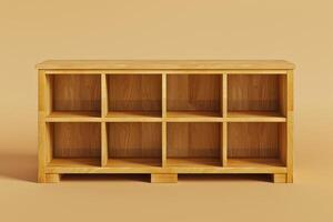 Wooden storage unit with multiple cubbies on a plain background photo