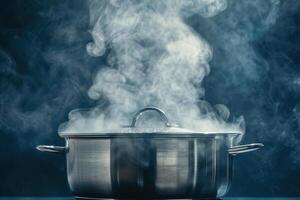 Steam rising from a covered pot on the stove in a modern kitchen photo